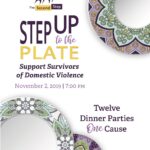 An invitation for The Second Step's 2019 Step Up to the Plate event, featuring overlapping illustrations of dinner plates