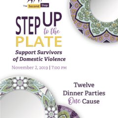 An invitation for The Second Step's 2019 Step Up to the Plate event, featuring overlapping illustrations of dinner plates