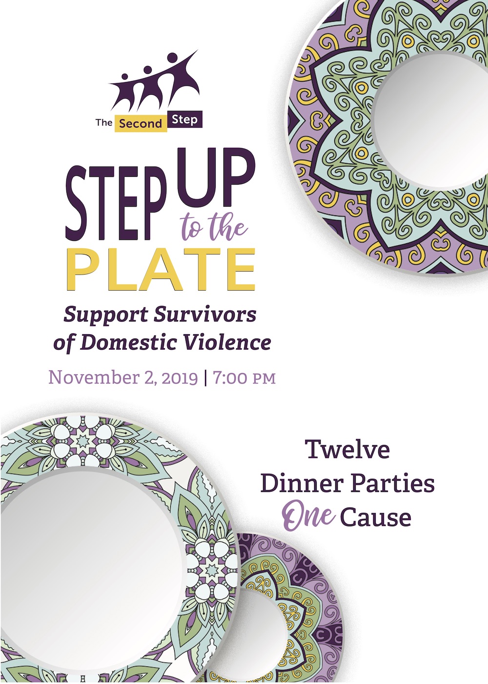 An invitation for The Second Step's 2019 Step Up to the Plate event, featuring overlapping illustrations of dinner plates